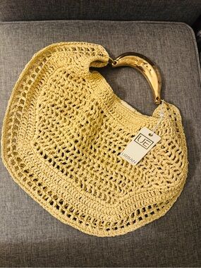 Urban Expressions Pale Yellow Crochet Tote with Gold Handle